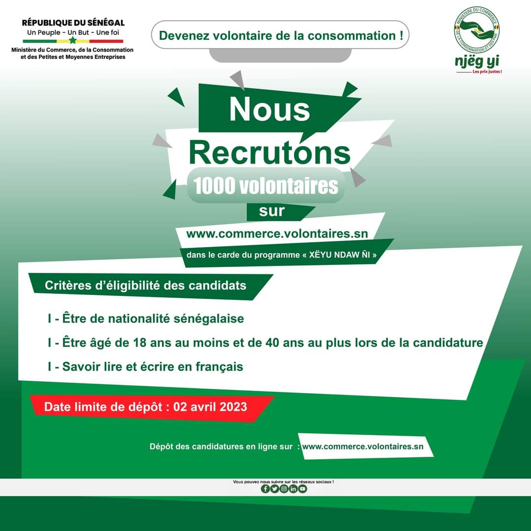 Le Ministère du Commerce, de la Consommation et des Petites et Moyennes Entreprises recrute 1000 volontaires de la Consommation.