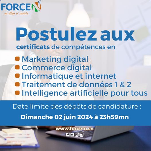 Appel à Candidature : Programme Force-N Sénégal - 5 Certificats Gratuits pour le Renforcement de vos Compétences Numériques