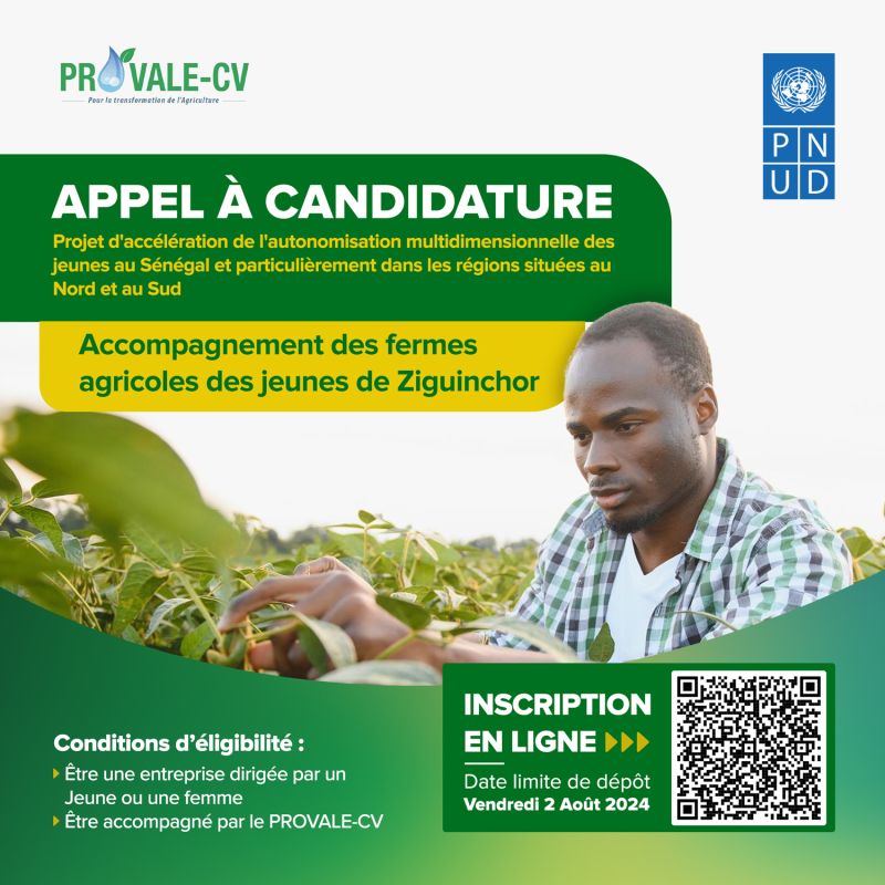 Offre d'accompagnement : PROVALE-CV avec le PNUD, lance un appel à candidature destiné aux fermes agricoles dirigés par les jeunes à Ziguinchor